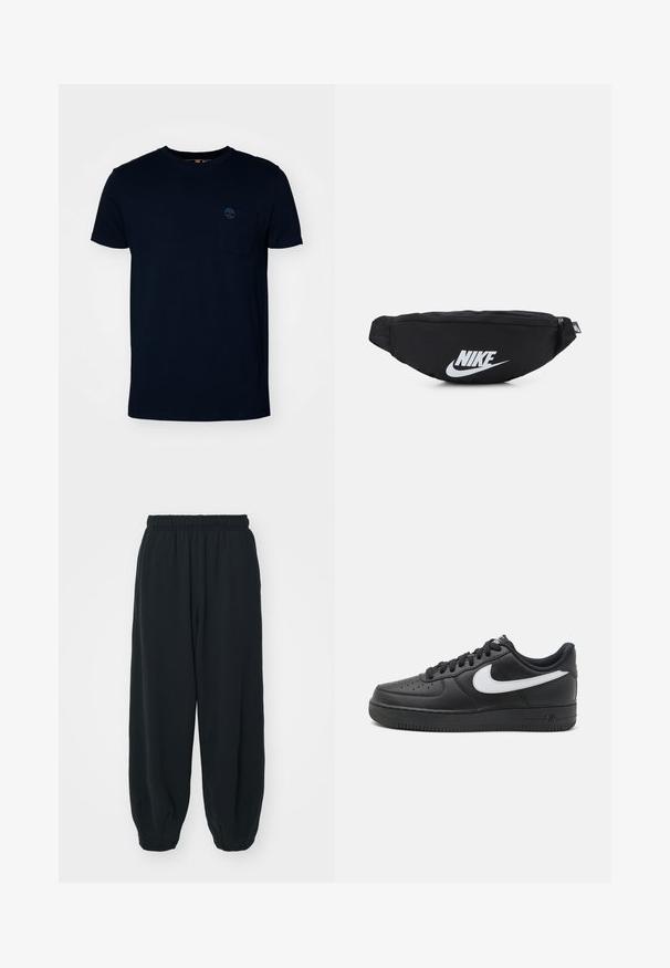 Tamsiai mėlynas medvilninis marškinėliai su apvaliu kaklu, trumpomis rankovėmis ir kairėje krūtinės pusėje esančia kišenėle, kuri turi subtilų logotipo akcentą.; Juodi, su elastiniu juosmeniu sportiniai kelnės su laisvu siluetu, suapvalintais kulkšnimis, lygia tekstūra ir be matomų raštų ar metalinių akcentų.; Juodi Nike Air Force 1 sportbačiai su lygia odine viršutine dalimi, balta logotipo akcentu, perforuota nosimi ir tekstūruotu guminio pado.; Juodas nertinis fanny pack'as su užtrauktuku, su dideliu baltu "Nike" logotipu. Lygus paviršius ir ergonomiškas dizainas patogiam nešimui.