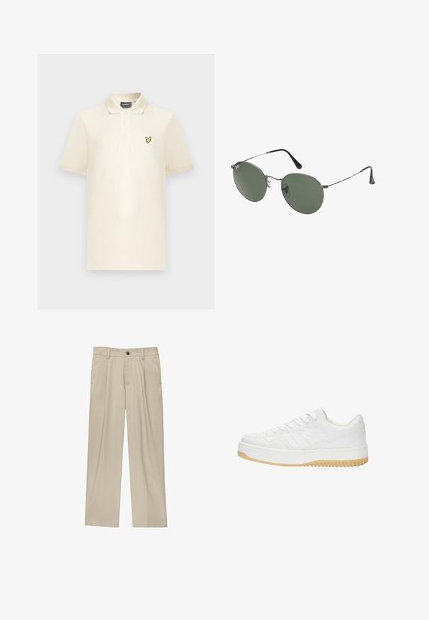 Polo color crema realizzata in tessuto morbido, con una patta con due bottoni e un logo ricamato giallo sul petto a sinistra.; Pantaloni beige a taglio dritto, con un solo bottone nero, passanti per la cintura e tasche laterali. Tessuto dalla texture liscia e design minimale.; Sneaker bianco in pelle con finitura testurizzata, dotata di suola in gomma, design con lacci e sottili accenti a strisce sui lati.; Occhiali da sole con montatura in metallo e lenti verdi ovali. Montatura sottile in metallo argento e terminali neri. Design minimalista, senza loghi visibili.