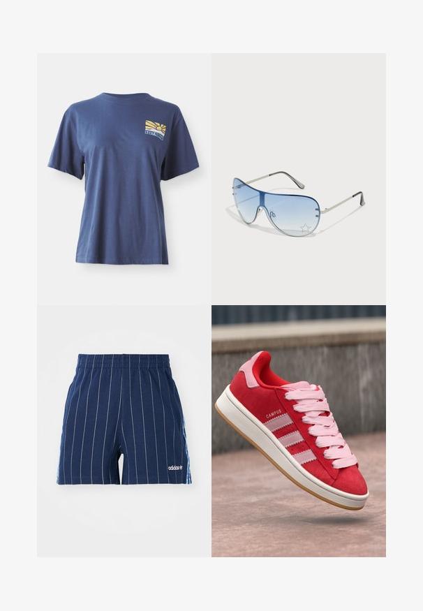 Námořnická modrá bavlněná tričko s krátkým rukávem, s žlutou a modrou grafikou vycházejícího slunce na levé části hrudi, popsané "ROXY PARADISE."; Námořnické modré šortky s bílými proužky, elastickým pasem a logem Adidas. Mají modré akcenty po stranách a jsou vyrobeny ze směsi bavlny.; Červené semišové tenisky s růžovými akcenty, se třemi bílými pruhy a světle růžovými tkaničkami. Bílé mezipodešve a podešev z gumy.; Pilotské sluneční brýle s modrými gradientními skly, stříbrným kovovým rámem a dekorativními hvězdnými akcenty na sklech. Hladký a elegantní design.