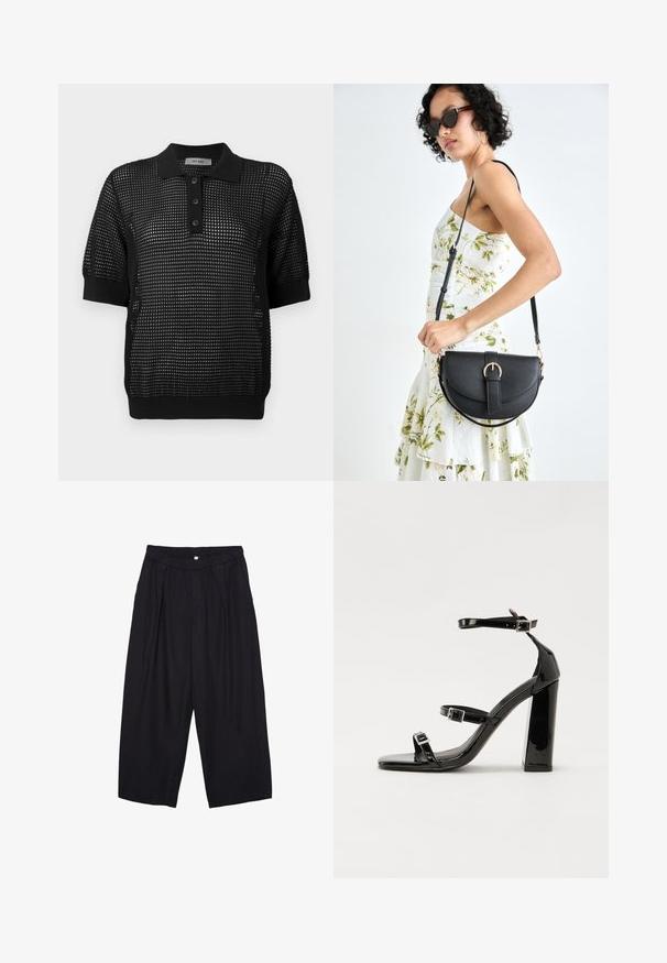 Mustan lyhythihaisen paidan, jossa on teksturoitu verkkomuotoilu, kolme nappia kauluksessa ja resorit hihoissa sekä helmassa.; Musta polyesterinen culotte-housut, jossa on joustava vyötärö, kaksi etupleettiä ja löysä siluetti. Ei näkyviä kuvioita tai metallisia yksityiskohtia.; Musta kiiltäväpintainen korkokengät, joissa on kaksi solkikiinnitystä, neliönmuotoinen kärki ja paksu korko, sileällä, kiiltävällä pintarakenteella.; Musta nahkainen käsilaukku, joka on kaareva muotoilultaan, irrotettavalla hihnalla ja kultaisilla yksityiskohdilla. Laukussa on läppä, jossa on solk yksityiskohta.