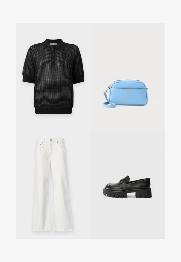 Svart kortermet polo med strukturert mesh-design, tre knapper i kragen, og ribbede kanter på ermene og i nederkant.; Hvite denimflare jeans med høy midje, fem-lomme-design og synlig søm. Har metallknapp og glidelås-lukking.; Sorte skinnloafers med en kraftig såle, med en gulltoneakcent foran og en jevn finish. Kraftig mønsterdesign på sålen.; Lys blå skinn crossover-veske med gulltonet detaljer, glidelås lukking og en frontlomme. Har justerbar stropp for ekstra bekvemmelighet.