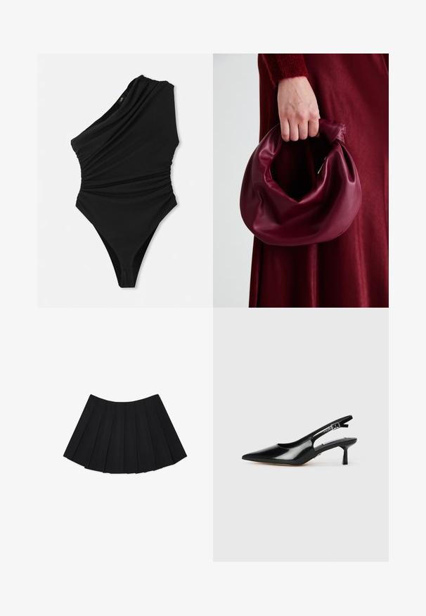 Üks õla must ujumistrikoo drapeeritud tekstuuriga, kõrge lõikega säärtega ja r gathered külgedetailidega. Valmistatud siledast, venivast materjalist.; Must mustrilise seelik, millel on mitu vertikaalset voldikut, sile tekstuur ja ümmargune äär, disainitud peidetud külgzippers.; Must have musta nahk sanga taldadega kingad, terava ninaga, õhukese kontsaga ja reguleeritava kinnitusega. Sujuv tekstuur minimaalse kaunistusega.; Burgundia värvi nahk käekott, millel on pehme, kokku tõmmatav disain ja ümar kuju. Käepide on kindlalt kinnitatud, näidates siledaid pindu.