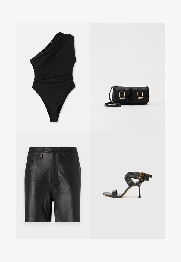 Zwart een-schouder zwempak met gedrapeerde textuur, hoge uitsnijding en geplooide zijdetails. Gemaakt van glad, rekbaar materiaal.; Zwarte leren shorts met een gladde textuur, voorzien van een ritssluiting aan de voorkant, een knoopsluiting en een klassieke vijf-pocket ontwerp.; Zwarte hoge hak sandaal met gekruiste bandjes en verstelbare gespsluiting. Heeft een gladde textuur en een taps toelopende stilettohak.; Zwarte leren schoudertas met twee vo pockets, gouden gespen, ritsluiting en een smalle band. Tekstuur oppervlak en compacte rechthoekige vorm.