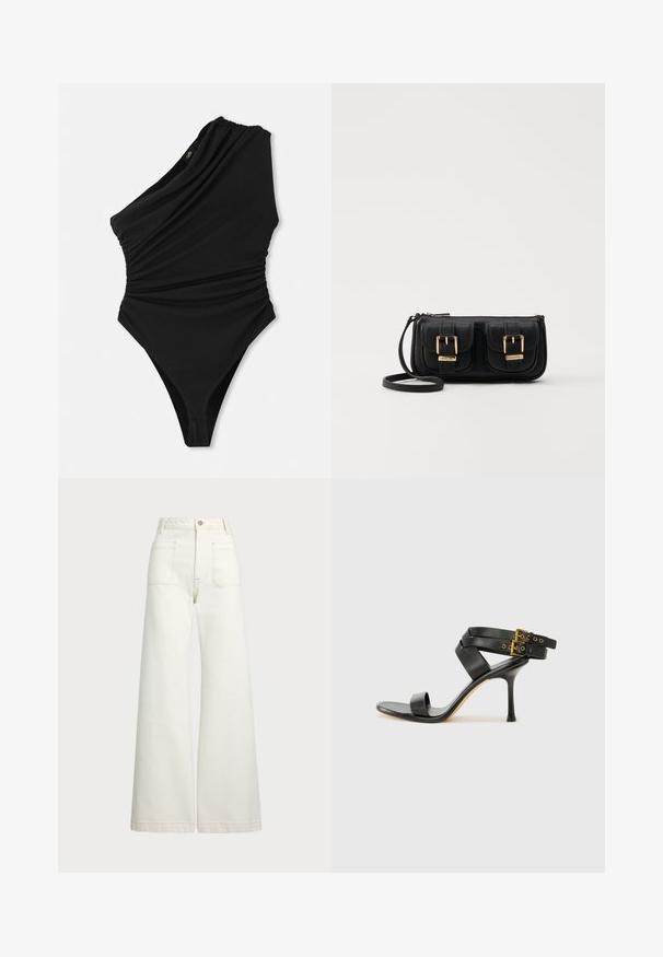 Jednanky s jedným ramienkom v čiernej farbe, s drapériou, vysokým výrezom a zhromaždeným bočným detailom. Vyrobené z hladkého, elastického materiálu.; Džínsy s širšími nohavicami v off-white denim. Vysoký pás s gombíkovým zapínaním, dve predné vrecká a kontrastné švy.; Čierne sandále na podpätku s prekríženými popruhmi a nastaviteľnou prackou. Majú hladkú textúru a zúžený stiletto podpätok.; Čierna kožená crossbody taška s dvoma prednými vreckami, zlatými sponami, zipsovým uzatváraním a úzkym popruhom. Štruktúrovaný povrch a kompaktný obdĺžnikový tvar.