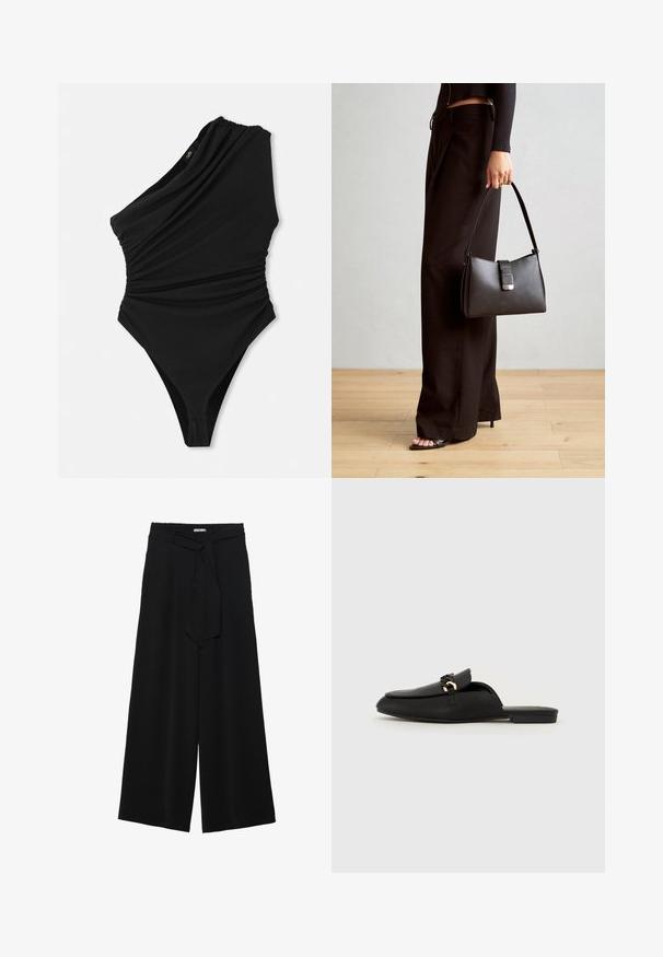 Zwart een-schouder zwempak met gedrapeerde textuur, hoge uitsnijding en geplooide zijdetails. Gemaakt van glad, rekbaar materiaal.; Zwarte wijde broek van textuurstof, met een elastische tailleband en een afneembare sjaalstrik in de taille voor een verstelbare pasvorm.; Zwarte instap schoen van soepel leer. Heeft een ronde neus, een decoratieve geweven band en een klein gouden accent. Platte zool.; Zwarte handtas met gestructureerde vorm, gladde textuur en een metalen sluiting. Gecombineerd met brede zwarte broeken en sandalen met open teen op een houten vloer.