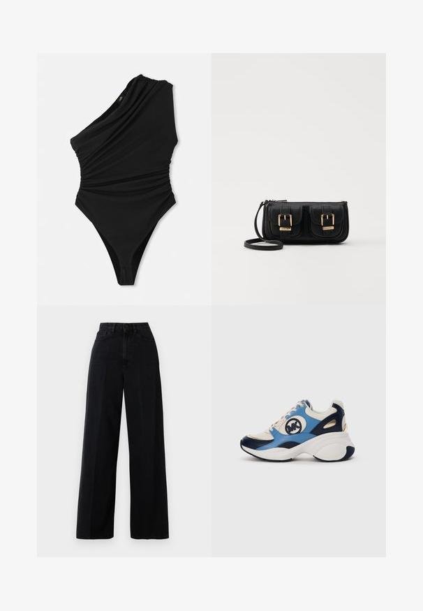 Bañador negro de un solo hombro con textura drapeada, pierna de corte alto y detalles fruncidos en el costado. Fabricado con un material suave y elástico.; Jeans de pierna ancha negros fabricados en denim, con una cintura alta, bolsillos frontales y cierre de botón. La tela tiene una textura suave.; Zapatillas de ante en blanco, azul marino y azul claro con una suela gruesa y un logo bordado circular en el lateral.; Bolso cruzado de cuero negro con dos bolsillos frontales, hebillas doradas, cierre de cremallera y una correa delgada. Superficie texturizada y forma rectangular compacta.