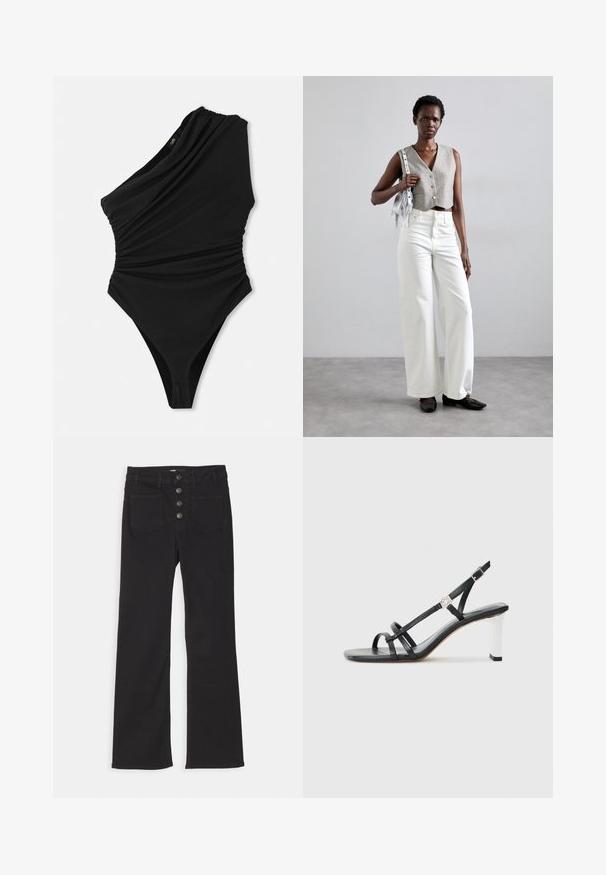 Jednodijelni crni kupaći kostim s jednim remenom, s drapiranim teksturom, visokim izrezom i nabranim bočnim detaljima. Izrađen od glatkog, rastezljivog materijala.; Crne traperice s flared krojem, visokim strukom, dizajnom s pet džepova i prednjim zatvaranjem na gumb sa četiri metalna gumba.; Crne sandale na visokoj potpetici s više uskih trakica, dizajnom s remenom oko pete i srebrnim detaljem na potpetici. Glatki gornji materijal i kvadratna potpetica.; Sivi skraćeni prsluk s gumbima, uparen s bijelim širokim trapericama i crnim ravnim cipelama. Dodano male srebrne frizure.