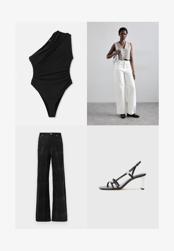 Jednanky s jedným ramienkom v čiernej farbe, s drapériou, vysokým výrezom a zhromaždeným bočným detailom. Vyrobené z hladkého, elastického materiálu.; Čierne široké nohavice s textúrovaným povrchom, s lesklým vzorom. Dokončené štandardným pásom a kovovými gombíkmi.; Čierne sandále na vysokom opätku s viacerými úzkymi popruhmi, dizajnom so slingbackom a so strieborným akcentom na opätku. Hladký vrchný materiál a štvorcový opätok.; Sivý skrátený vest s gombíkmi, skombinovaný s bielymi širokými nohavicami a čiernymi plochými topánkami. Doplnkový malý strieborný strapcatý ruksak.