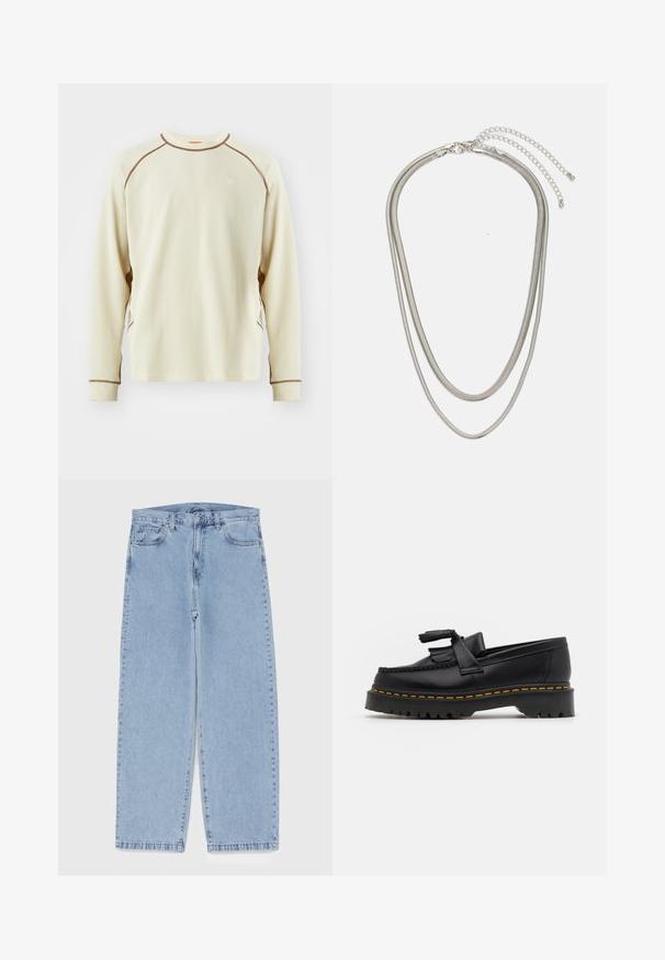 Kreem värvi pikakä sleeves shirt, millel on tekstuuriga vahvlitooted. Omab pruuni aktsentõmblust ja väikest valget logo rinna peal.; Heled sinise denimi sirgete põlvede lõikega teksad, millel on keskmise kõrgusega vöökoht, viis taskut ning nööbid ja tõmblukk.; Mustmust musta loafer, millel on frantsiisi aktsent, paks must tald ja kollane õmblus servas. Tekstuuriga viimistlus.; Kolmekihiline hõbedane metallkaelakee, mis on valmistatud peentest, paindlikest kettidest kerge läikega, kinnitatud krabi sulguri ja reguleeritava ketiga.