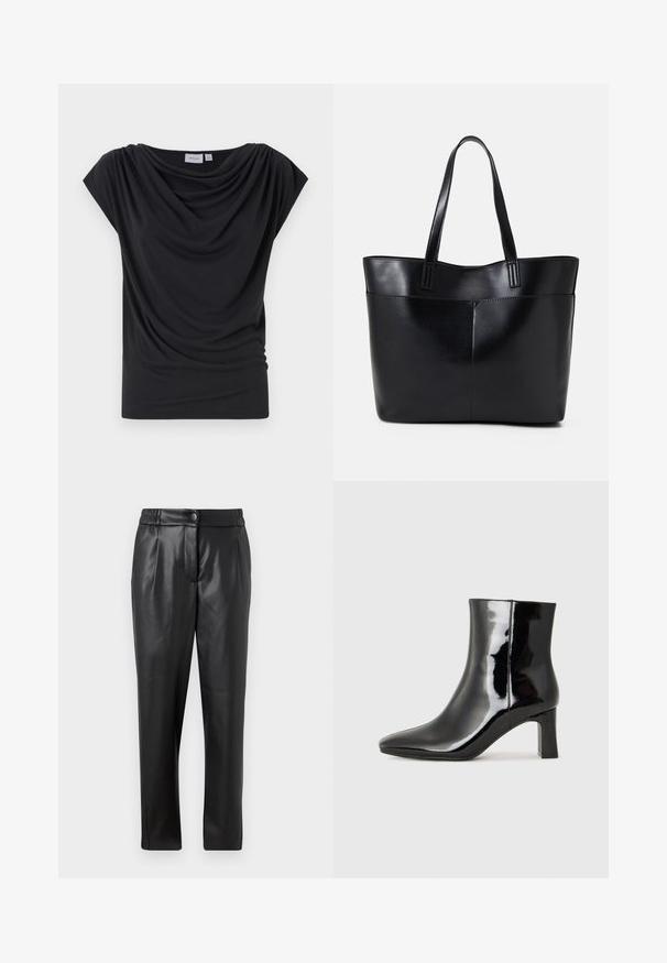 Svart drapert t-skjorte laget av myk stoff, med bred utringning og korte ermer. Glatt tekstur med rynkede detaljer foran.; Sorte skinnbukser med en glatt tekstur, rett passform, elastisk liv, og frontknappelukking; plisserte detaljer og smale ben.; Sorte patentlær ankle boot med spiss tå og en mellomhøy blokkhelt. Glatt tekstur og minimalistisk design.; Svart lær toteveske med to lange håndtak, en glatt tekstur og en strukturert form. Har en frontlomme for ekstra oppbevaring.