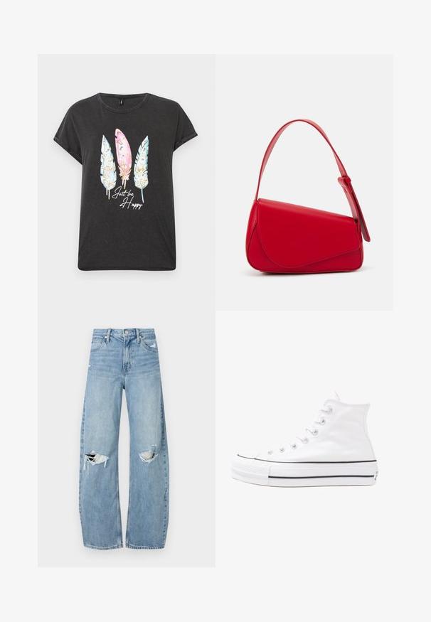 Czarny t-shirt z krótkim rękawem i okrągłym dekoltem, zdobiony trzema kolorowymi grafikami piór w różowym i niebieskim kolorze oraz napisem "Po prostu bądź szczęśliwy" na białym tle.; Jasnoniebieskie, wysokiej talii dżinsy wykonane z denimu. Posiadają szerokie nogawki, dwa podarte miejsca na kolanach oraz klasyczne pięć kieszeni.; Białe wysokie trampki z płótna z czarną gumową podeszwą, przednim czubkiem z gumy i sześcioma dziurkami na sznurowadła, charakteryzujące się prostym, minimalistycznym designem.; Czerwona skórzana torebka o kanciastym, geometrycznym designie. Posiada jedną regulowaną rączkę oraz zapięcie na klapę z przeszyciami.