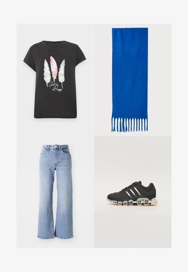 Fekete, rövid ujjú póló, kerek nyakkivágással, három színes tollgrafikával rózsaszín és kék színekben, valamint a "Csak legyél boldog" felirattal fehér színben.; Világoskék, magas derekú, bőszárú farmernadrág elülső és hátsó zsebekkel, gombos záródással és finom fakulással a combokon és a szegélyeken.; Fekete sportcipő texturált felsőrésszel, három ezüst csíkkal, és egy jellegzetes párnázott talppal, amely több integrált szakaszból áll.; Kék, rojtos sál puha anyagból; egyszínű, texturált felülettel rendelkezik, az alján pedig egyenletesen vágott rojttal van ellátva.