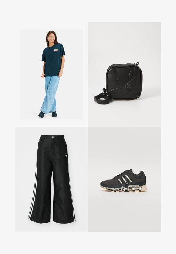 Navy blue oversized t-shirt with short sleeves, featuring a colorful graphic print on the chest. Worn with light blue wide-leg jeans and black boots.; Black wide-leg denim pants with three white stripe accents on each side and a small white logo. Features front pockets and a button closure.; Black athletic shoe with a textured upper, three silver stripes, and a distinctive cushioning sole featuring multiple integrated sections.; Black square crossbody bag made of textured synthetic material. Features an embossed logo design and adjustable strap. Zipper closure.