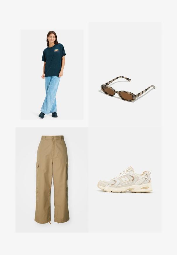 Granatowa, oversize'owa koszulka z krótkim rękawem, ozdobiona kolorowym nadrukiem na klatce piersiowej. Noszona z jasnoniebieskimi, szerokimi spodniami oraz czarnymi botkami.; Beżowe spodnie cargo z wysokim stanem, szerokimi nogawkami i czterema dużymi bocznymi kieszeniami. Wykonane z trwałego materiału o gładkiej fakturze i minimalnych detalach.; Beżowe buty sportowe z siateczkowymi i syntetycznymi nakładkami, z teksturowaną powierzchnią, wyściełanym kołnierzem oraz amortyzacją "ABZORB" w pięcie.; Okulary przeciwsłoneczne w kształcie muszki z okrągłymi soczewkami, brązowym filtrem i cienkimi wzorzystymi bokami. Wykonane z lekkiego plastiku z subtelnymi złotymi akcentami.
