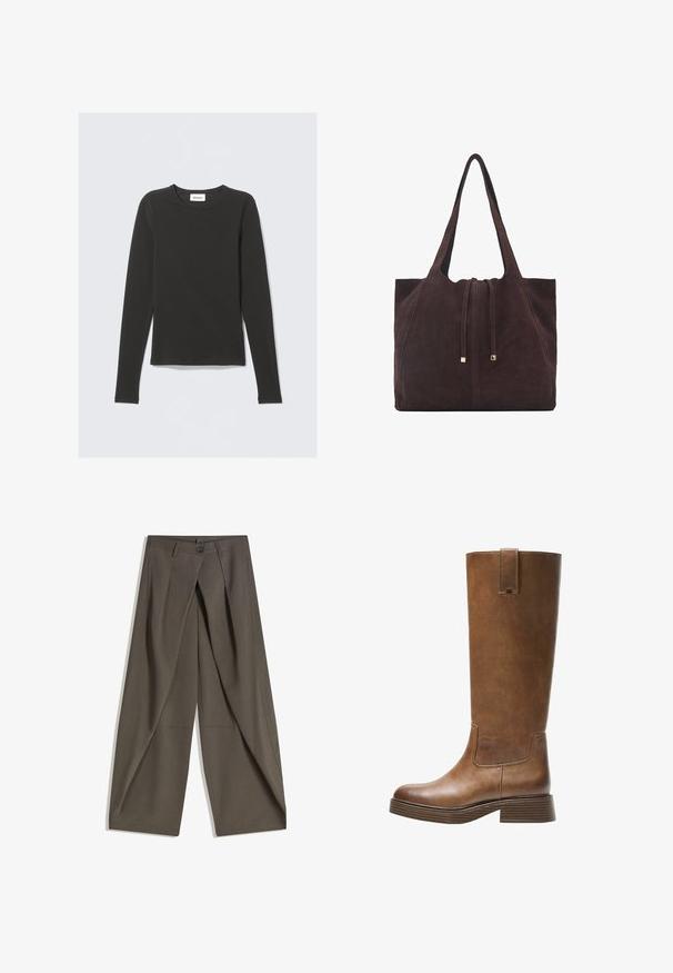Black long-sleeve crew neck shirt with a small white label reading "WEEKDAY" inside the collar, displayed on a light background.; Wide-leg trousers made of a textured, dark gray fabric. Features a front pleat, button closure, and side pockets for practicality.; Brown leather knee-high boot with a rounded toe, textured surface, and a stacked low heel. Features a side panel and pull tab at the top.; Mango Tote bag - dark brown