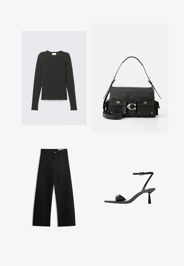 Črna majica z dolgimi rokavi in krobnim ovratnikom, z majhno belo nalepko z napisom "WEEKDAY" znotraj ovratnika, prikazana na svetli podlagi.; Črne široke denim hlače z visokim pasom, ki imajo sprednje in zadnje žepe, šivane šive ter gumbasto zapiranje. Gladka tekstura.; Bershka Sandali z visoko peto - black; Črna usnjena torbica z zapiranjem na pokrov, srebrno strojno opremo, dvema sprednjima žepoma, kontrastnim šivom in snemnim naramnim trakom.