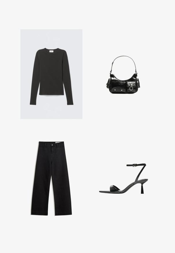 Crna majica dugih rukava s okruglim izrezom, sa malom bijelom etiketom na kojoj piše "WEEKDAY" unutar ovratnika, prikazana na svijetloj pozadini.; Crne široke traperice s visokim strukom, s prednjim i stražnjim džepovima, šivenim šavovima i kopčanjem na gumb. Glatka tekstura.; Bershka Sandale s visokom petom - black; Crna patentna kožna torba s zakrivljenim oblikom, jednim remenom za rame, prednjim džepovima i akcentima od srebrnog tona.