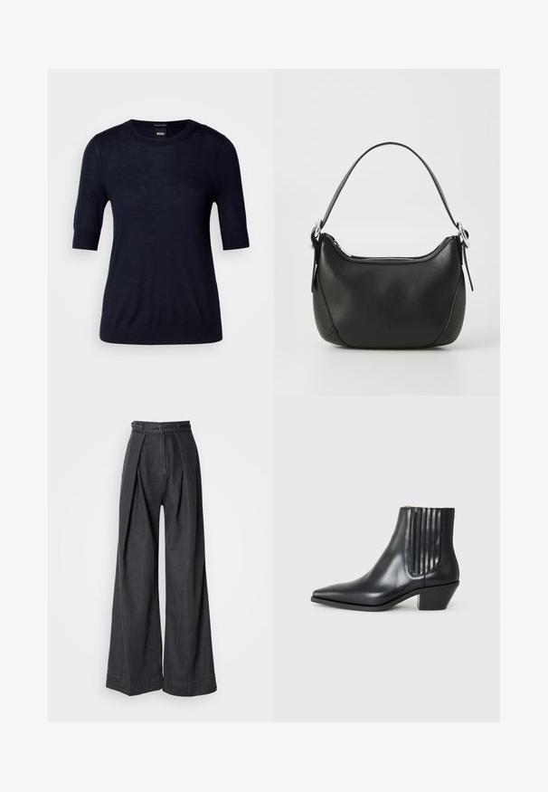 Námořnická modrá svetr s krátkým rukávem vyrobený z lehké pleteniny. Má kulatý výstřih a žebrovaný lem pro přiléhavý vzhled.; Široké černé džíny s vysokým pasem, s předními záhyby a klasickým zipovým zapínáním. Čistá, hladká textura s elegantním zakončením.; Černá kožená kotníková bota s špičatou špičkou, elastickými bočními panely s vertikálními drážkami a nízkým blokovým podpatkem. Hladká textura a elegantní design.; Černá kožená kabelka s zakřiveným tvarem, stříbrným zipem a krátkým uchem. Na přední straně se nachází nenápadné logo a má hladkou texturu.