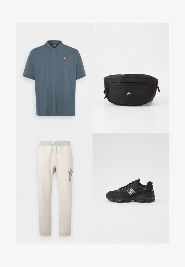 Tamsiai pilkas polo marškinėlis, pagamintas iš minkštos medvilnės. Turi klasikį apykaklę, tris mygtukus ir geltoną siuvinėtą logotipą ant krūtinės.; Šviesiai smėlio spalvos sportinės kelnės su pilku elastingu juosmeniu, raišteliu, šoninėmis kišenėmis ir tamsiai pilku piešiniu kairėje šlaunyje.; Juodas sportinis batelis su tekstūruota viršutine dalimi, ryškus raištelių sistema ir guminis padas. Yra kontrastingas logotipas ir šoninės akcentai.; Juodas juosmens krepšys, pagamintas iš nailono; turi priekinį užtrauktuką, reguliuojamą diržą ir логотипa. Apvalios formos, su lygiu paviršiumi.