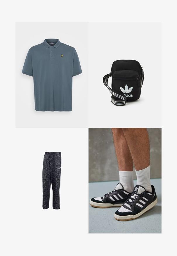 Mørkegrå polo shirt lavet af blødt bomuld. Har en klassisk krave, tre-knaps stolpe og et gult broderet logo på brystet.; Sorte træningsbukser med leopardmønster, der har et hvidt tre-stribet design og et atletisk mærkes logo på siden.; Sorte og hvide sneakers med en overdel i ruskind og læder, der har tre hvide striber, en perforeret tå og en sål i gummigummi.; Sort stof crossbody tas med lynlås, der har et hvidt Adidas-logo og en stribet justerbar rem for nem bæring.