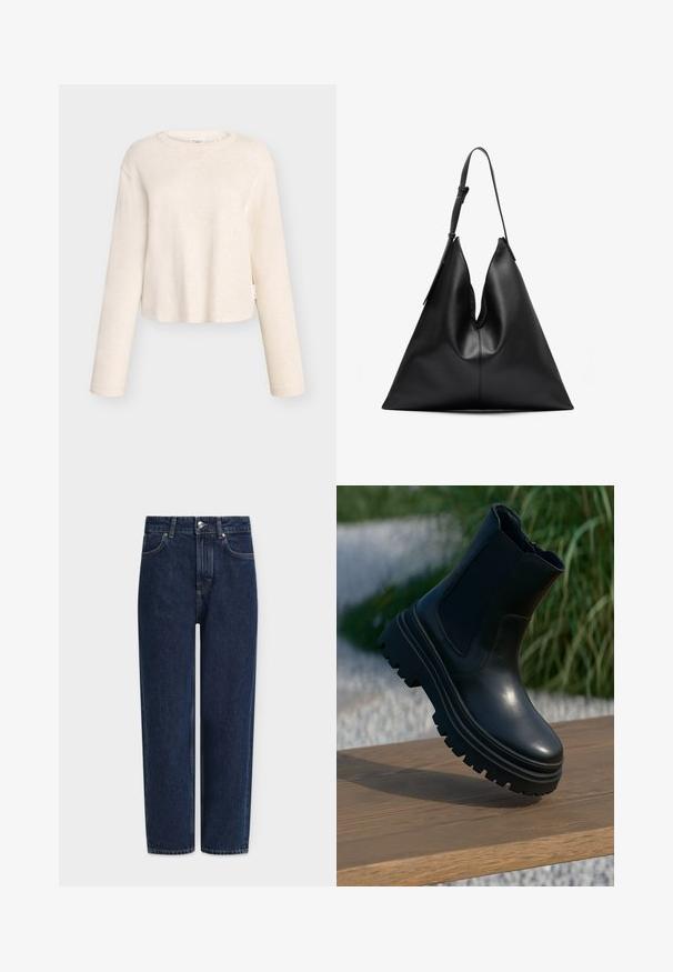 Light beige cropped long-sleeve top made of soft fabric, featuring a slightly tapered neckline and ribbed texture with a side label.; Dark blue denim jeans with a straight leg, high waist, silver hardware, front pockets, and subtle stitching details. Classic five-pocket design.; Black leather ankle boot with a chunky sole, elasticated side panels, and a smooth finish. Elevated design with contrasting tread detail.; Black leather triangular handbag with a single adjustable shoulder strap and a soft, slightly slouched structure.; Gold-toned earrings featuring a mix of geometric shapes: a square, circle, and linked oval designs with a polished finish.