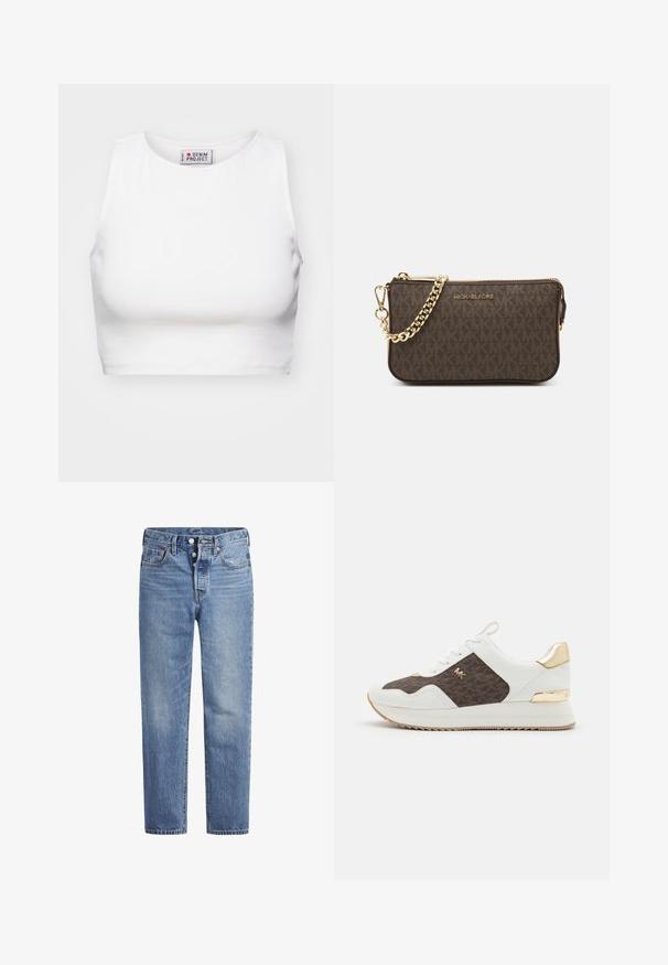 Balta sutrumpinta tankų maikė, pagaminta iš raižyto audinio. Turi apvalų iškirpimą ir plačius rankovių išpjovimus. Viduje matoma etiketė su "Denim Project" prekės ženklu.; Šviesiai mėlynos džinsinės kelnės su tiesiu kirpimu, penkių kišenių dizainu ir mygtukų užsegimu. Pasižymi subtiliu nusidėvėjimu ir oranžiniais siūlais.; Baltos sportbačiai su rudos spalvos raštuoto audinio panelėmis, aukso detalėmis, apvalia nosimi, raištelių užsegimu ir tekstūruotu guminio pado dugnu.; Ruda odinė per petį nešiojama rankinė su logotipu, auksinės spalvos grandinėlė, užtrauktuko uždarymas ir auksinės spalvos detalės. Kompaktiška ir stačiakampio formos.