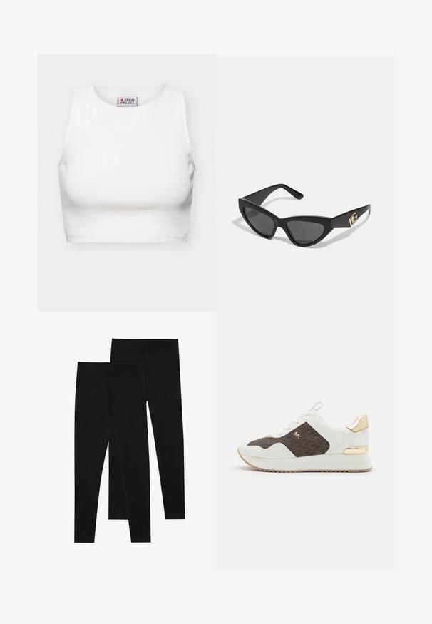 Fehér, rövidített tank top bordázott anyagból. Kerek nyakú és széles karöltői vannak. A címke belső oldalán látható a "Denim Project" márkázás.; Fekete leggings rugalmas anyagból, varrat nélküli derékkal és karcsú szabással, alkalmas hétköznapi viseletre vagy edzésre.; Fehér sportcipők barna mintás szövetpanellel, arany Hardver díszítéssel, kerek orral, fűzős kialakítással és texturált gumitalppal.; Macska szemformájú napszemüveg matt fekete műanyag kerettel, sötét lencsékkel és arany logóval a szárán. Szögletes kialakítás és sima felület.; Barna bőr keresztpántos táska logómintával, arany láncos pánttal, cipzáras záródással és arany fémkiegészítőkkel. Kompakt és téglalap alakú dizájn.