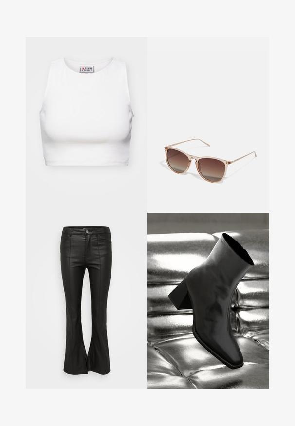 Hvid cropped tanktop lavet af ribbet stof. Har en rund halsudskæring og brede ærmegab. Etiketten er synlig indeni med "Denim Project" branding.; Sorte udvidede bukser med en skinnende, læderlignende tekstur, der har frontlommer, knaplukning og slids i siderne ved kanten.; Sorte ankelstøvler lavet af glossy materiale med firkantet tå og spidse hæle, sat mod en skinnende sølv tuftet baggrund.; Brune gradient solbriller med en gennemsigtig pink stel, firkantet form og tynde metalarme. Har afrundede kanter og minimal dekoration.