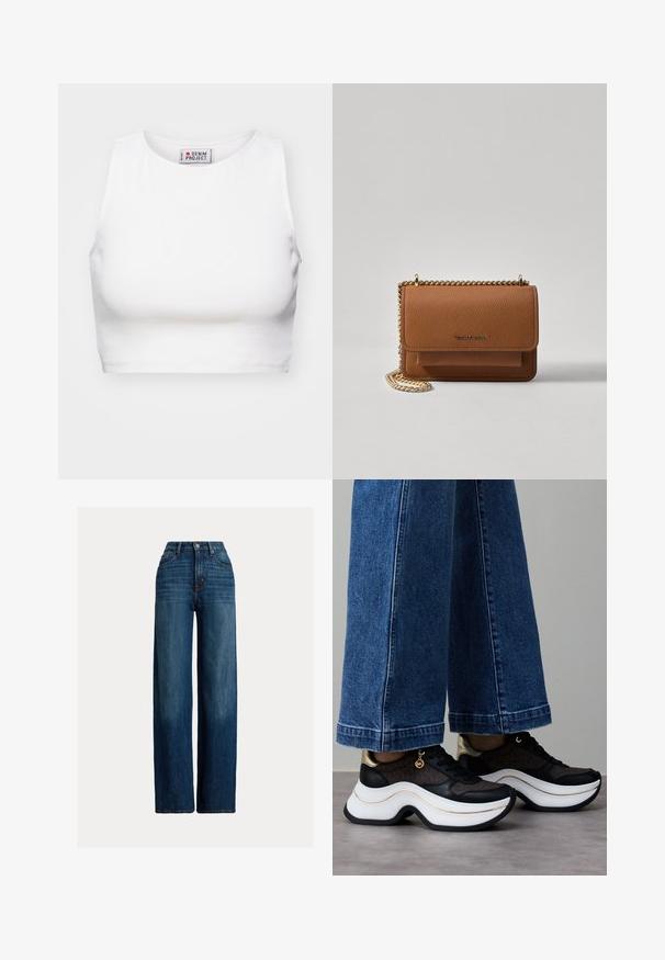 Hvid cropped tanktop lavet af ribbet stof. Har en rund halsudskæring og brede ærmegab. Etiketten er synlig indeni med "Denim Project" branding.; Bredde ben denim jeans i mørkeblå. Har høj talje, knaplukning og klassisk fem-lomme design. Glat tekstur med subtil falming.; Sorte og guld sneakers med en buet hvid sål. Tekstureret stof med logo-detaljer. Kombineret med brede blå denimbukser.; Brun tekstureret læder crossover-taske med guldkæde-rem og klaplukning. Forsiden har logo-detalje og en lomme under klappen.