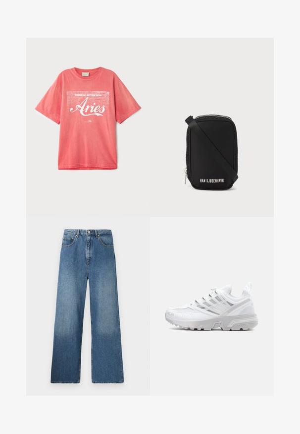 Camiseta de algodón de manga corta color coral con un corte relajado. Presenta un texto serigrafiado en blanco que dice "Las cosas van mejor con Aries."; Jeans de denim azul de pernera ancha con un diseño clásico de cinco bolsillos, cierre frontal con botón y un ligero desgastado para dar textura.; Zapatilla atlética blanca con parte superior de malla texturizada, diseño elegante, puntera reforzada y detalles plateados en el sistema de cordones y la entresuela.; Bolso negro de forma rectangular, hecho de material suave. Cuenta con una cremallera superior, una correa ajustable y texto blanco: "HAN KJØBENHAVN."