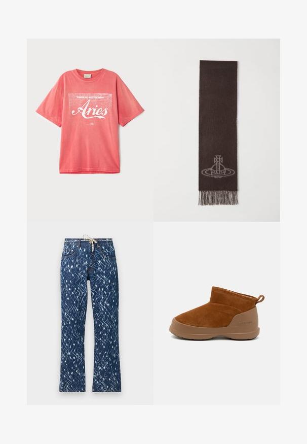 Koraalkleurig t-shirt met korte mouwen, gemaakt van katoen en met een losse pasvorm. Voorzien van witte, met de hand bedrukte tekst "Things go better with Aries."; Denim flared jeans met een blauw abstract patroon, met een koordsluiting in de taille, een vijfzakkenontwerp en contrasterende oranje stiksels.; Bruine suède enkellaars met een bruine rubberen zool, voorzien van een eenvoudig ontwerp, ronde neus en een klein aantreklusje aan de achterkant.; Donkerbruine sjaal van zacht materiaal, met een lichtgrijze grafisch ontwerp en franjes aan de randen. Langgerekt rechthoekige vorm.