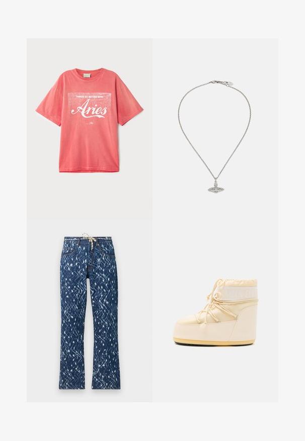 Korallfarbenes T-Shirt mit kurzen Ärmeln aus Baumwolle und lockerem Schnitt. Vorderseite mit weißem Siebdruck, auf dem steht: "Die Dinge laufen besser mit Aries."; Dunkelblaue Schlagjeans mit einem abstrakten Muster, ausgestattet mit einem verstellbaren Taillenbund, einem Fünf-Taschen-Design und kontrastierenden orangefarbenen Nähten.; Hellbeige Moon Boot mit rundem Zehenbereich, Kordelzugverschluss und strukturiertem Gummisohle. Verfügt über weiße Markenkennzeichnung und glatte synthetische Materialien.; Silberne Halskette mit einer zarten Kette und einem ovalen Anhänger, der filigrane Designs und einen zentralen Edelsteinakzent aufweist.