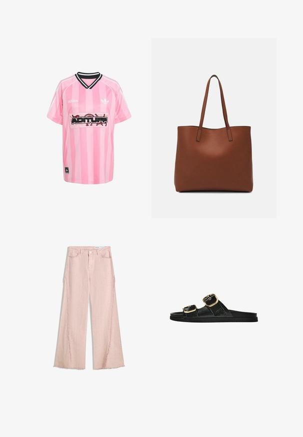 Růžový pruhovaný sportovní dres s černým límcem, s výrazným vyšitým nápisem "ADITURF" na bílém panelu. Logo Adidas na rukávech.; Světle růžové široké džíny s texturovaným povrchem, třepeným lemem a designem s pěti kapsami. Mají zapínání na knoflík a poutek na opasek.; Černé kluzné sandály s dvěma zlatými sponami, hladkým texturovaným materiálem, plochou podrážkou a minimalistickým designem.; Hnědá kožená taška přes rameno s hladkou texturou, otevřeným designem a dvěma ramenními popruhy. Obsahuje minimální švy a žádné viditelné kovové prvky.
