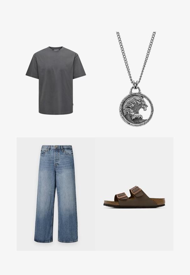 Graues Baumwoll-T-Shirt mit rundem Halsausschnitt und kurzen Ärmeln. Hat eine normale Passform und eine einfarbige Textur ohne sichtbare Muster oder Akzente.; Weite blaue Denim-Jeans mit einer ausgewaschenen Optik, Fünf-Taschen-Design und einer Knopfverschluss. Ausgestattet mit Gürtelschlaufen und gestickten Details.; Braunfarbener Sandale mit zwei Riemen und Kupfer-Ü berschlägen, Korkfußbett und Gummisohle. Schlankes Design mit verstellbaren Riemen für eine optimale Passform.; Silberner Anhänger mit einem Wellenmotiv, das mit dem Gesicht eines Löwen verwoben ist, hängt an einer massiven Kette. Die strukturiert Oberfläche verleiht zusätzliche Details.
