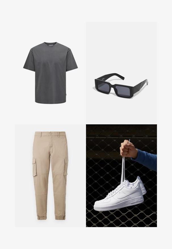 Camiseta de algodón gris con cuello redondo y mangas cortas. Presenta un ajuste regular y una textura lisa sin patrones ni acentos visibles.; Pantalones cargo beige de un material de algodón ligero. Presenta puños elásticos, múltiples bolsillos laterales y un cierre de botón.; Zapatillas de cuero blanco con perforaciones, punta redonda, suela plana y cordones gruesos, con un logo de swoosh visible y "AIR" en el talón.; Gafas de sol negras rectangulares con montura gruesa y lentes oscuros. Diseñadas con bordes angulares y un logo sutil en la patilla.