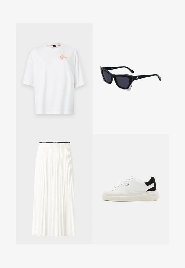 Hvit kortermet t-skjorte laget av bomull. Har et oransje krabbe-design på brystet. Rund hals, avslappet passform, minimal tekstur.; Plissert hvit skjørt med en svart elastisk midje som har "LACOSTE"-logoen. Midjelengde design med myk tekstur.; Hvite lær sneakers med tykk hvit såle, svart semsket hælforsterkning og preget logo på siden. Snøresystem med seks hull.; Store svarte solbriller i overdimensjonert størrelse med geometrisk form, med mørke linser og en kontrasterende grå detalj på rammen. Logo på armen.