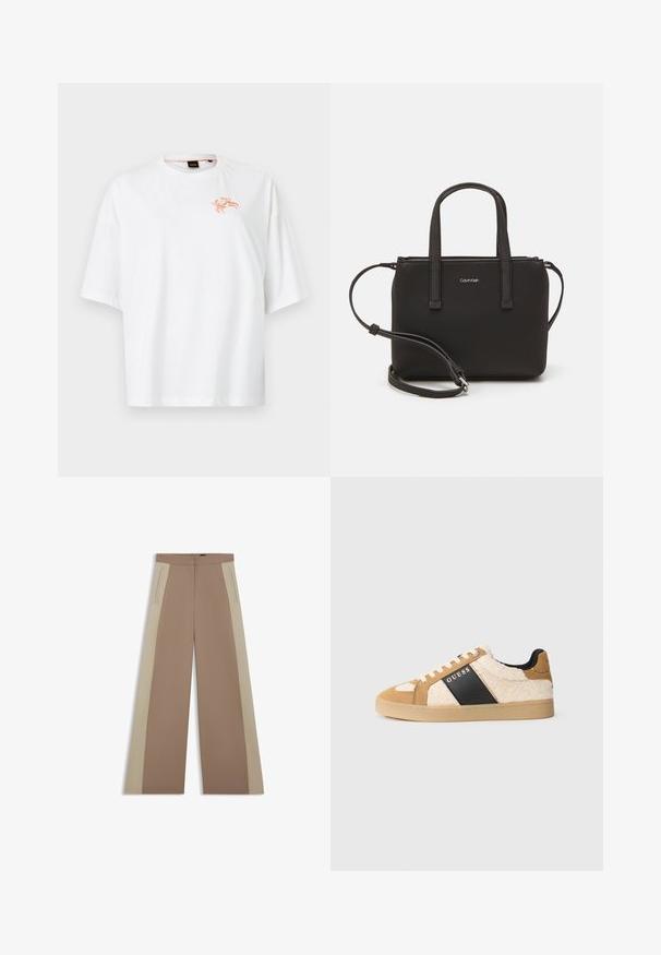 Camiseta de manga corta blanca hecha de algodón. Presenta un gráfico de un cangrejo naranja en el pecho. Cuello redondo, corte relajado, textura mínima.; Pantalones de pierna ancha marrones con paneles laterales beige, que cuentan con un frente plano, bolsillos ocultos y una textura suave. Diseño a medida y líneas limpias.; Zapatillas en color crema y marrón con una parte superior suave y similar al pelo, raya lateral negra, cordones blancos y suela de goma. El nombre de la marca "GUESS" está visible.; Bolso de mano negro con dos asas cortas y una correa de hombro removible. Material suave tipo cuero con cierre de cremallera y detalle del logo.