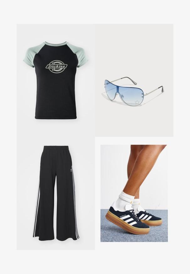 Camiseta negra con mangas raglán verde claro. Presenta un logo circular central con el texto "Dickies" en un diseño de cuerda. Textura de tela suave.; Pantalones de chándal negros de pierna ancha con una cinturilla elástica, que presentan franjas blancas a los lados y un logo bordado en el muslo izquierdo.; Zapatillas deportivas de gamuza negra con rayas y detalles blancos, puntera redondeada, suela de goma color caramelo, combinadas con calcetines blancos acanalados a la altura del tobillo.; Gafas de sol tipo aviador con lentes azul degradado, montura de metal plateado y acentos decorativos de estrellas en los lentes. Diseño suave y elegante.