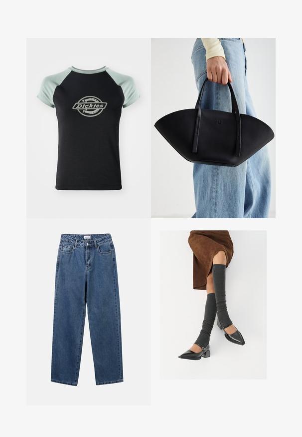 Tricou negru cu mâneci raglan de culoare verde deschis. Prezintă un logo circular central cu textul "Dickies" într-un design de frânghie. Textură a materialului moale.; Jeans clasice din denim albastru, cu un design drept, cinci buzunare și închidere cu nasture. Prezentând o spălare medie și o textură rezistentă.; Pantofi negri din piele lacuită, cu vârful ascuțit, toc bloc și curea la glezna, asortați cu jambiere gri cu nervuri și o fustă din suede maro.; Geantă de piele neagră cu o formă unică de evantai, având mânere plate. Suprafața are o textură cu mici granule și un design minimalist.