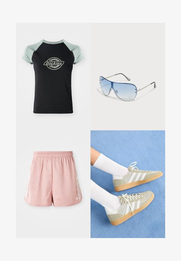 Juoda marškinėliai su šviesiai žaliais raglanų rankovėmis. Priekyje yra centrinis apvalus logotipas su tekstu "Dickies", kuris įkomponuotas virvės stiliumi. Minkšta audinio tekstūra.; Rožinės sportinės šortai su elastinga juosmena, šoninėmis baltomis juostelėmis ir mažu logotipu kairėje priekyje. Lygi medžiagos tekstūra.; Šviesiai pilki zomšiniai sportbačiai su baltais guminiais akcentais, turintys tris baltas juosteles ir guminius padais, dėvimi su baltais kojiniais mėlyname fone.; Aviatoriai akiniai su gradientiniais mėlynais objektyvais, sidabriniu metaliniu rėmu ir dekoratyvinėmis žvaigždžių akcentais ant objektyvų. Lygaus ir stilingo dizaino.