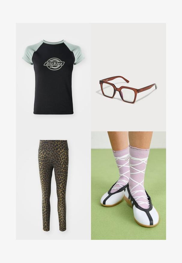 Černé tričko s světle zelenými raglánovými rukávy. Má centrální kruhové logo s textem "Dickies" v designu lana. Měkká textilie.; Legíny se zvířecím vzorem v barvě leopardího kožešiny, s vysokým pasem, elastickým materiálem a černými akcenty na světle hnědém základu, navržené pro pohodlí a dokonalé padnutí.; Bílé ploché boty s černým lemem a podrážkou, doplněné světle fialovými žebrovanými ponožkami s bílými křížovými pruhy. Umístěné na zeleném pozadí.; Hnědé oversized obdélníkové brýle s čirými čočkami a mírným růžovým nádechem na pravé čočce. Plastový rám s hladkým povrchem.