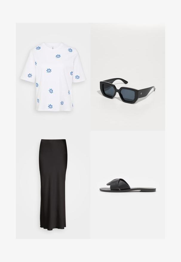 Biela bavlnená tričko s krátkymi rukávmi, s rozptýlenými modrými kvetinovými vzormi. Okrúhly výstrih, voľný strih a jemná textúra.; Čierna saténová sukňa až po zem s hladkou textúrou, priliehavým pásom a siluetou do A, bez viditeľných ozdôb alebo vzorov.; Čierne sandále na slip-on so skríženými pásikmi. Vyrobené z hladkej kože s plochou podrážkou a minimálnym prešívaním. Jednoduchý otvorený dizajn na špičke.; Čierne nadrozmerné slnečné okuliare s geometrickým vzorom, obdĺžnikové šošovky a lesklý povrch. Na prednej strane nie sú viditeľné žiadne značky.; Zlaté kruhové náušnice s hladkým, zaobleným dizajnom. Obsahujú malý uzáver s pántom, ľahký vzhľad a lesklý povrch.