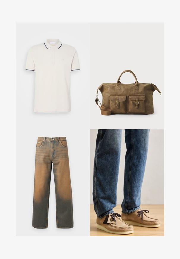Kremfarget polo skjorte med treknappslukking, kort erm, og mørkeblå krage og ermeaksenter. Myk bomullsblanding.; Langermet skjorte med knapper i myk gul stoff, med en teksturert finish, krage og en enkelt lomme på venstre bryst.; Bredde ben-jeans i slitt blå og brun denim. Har høy midje, frontlommer og en klassisk knappelukkning med metalliske detaljer.; Suedes mokasiner i tan med mørkebrune detaljer, rund tå og myk hvit såle. Har snøring og sømdetaljer.; Brun lær duffelbag med to frontlommer, justerbar skulderrem, gullfarget maskinvare og robuste topphåndtak. Glatt tekstur.