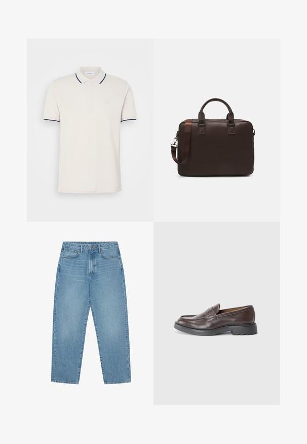 Krémová polo košela s trojitou patentkou, krátkymi rukávmi a námorníckymi modrými akcentmi na golieri a rukávoch. Mäkká bavlnená zmes.; Svetlo modré džíny s širokými nohavicami a vysokým pásom, s piatimi vreckami, pútkami na opasok a jemnou, mierne vyblednutou štruktúrou.; Hnedé kožené mokasíny s hladkým povrchom, okrúhlou špičkou, minimálnym prešívaním a hrubou čiernou gumovou podrážkou. Žiadne viditeľné kovové prvky ani akcenty.; Hnedá kožená taška na laptop s textúrovaným povrchom, dvojitými hornými uchami, nastaviteľným popruhom a dvoma prednými prackami pre pridaný detail.
