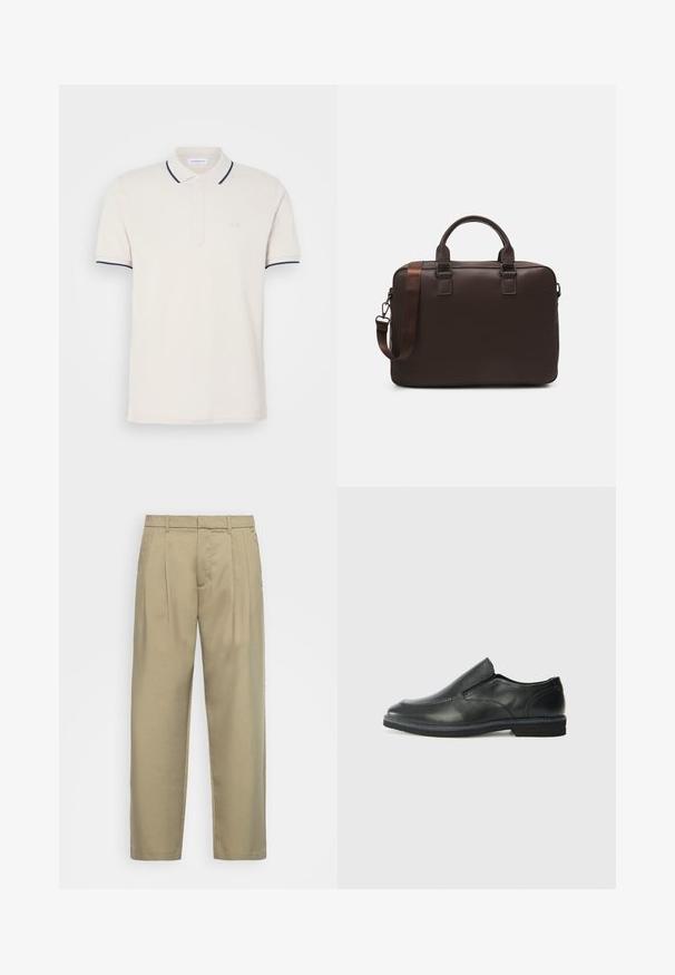 Grietai polos marškiniai su trimis mygtukais, trumpomis rankovėmis ir tamsiai mėlynais apykaklės bei rankovių akcentais. Minkšta medvilnės mišinio medžiaga.; Šviesiai rudos, aukšto liemens kelnes su tiesia kirpimu, su plokščiu priekiniu paviršiumi, šoninėmis kišenėmis ir lygiu, tekstūruotu audiniu.; Juodai odiniai įtvirtinimo batai su lygiu paviršiumi, siuvinėjimo akcentais, apvalia nosimi ir žemu guminiu kulnu. Pado raštas minimalus.; Ruda odinė nešiojamojo kompiuterio rankinė su tekstūruota paviršiumi, dviem viršutiniais rankenomis, reguliuojama juosta ir dviem priekiniais sagtimis papildomam akcentui.