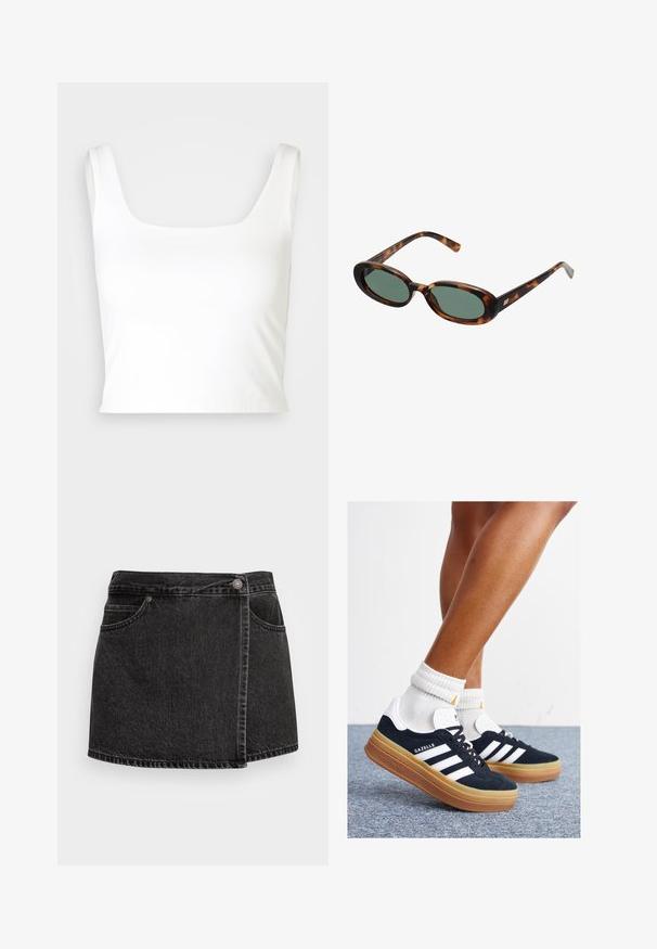 GAP COMPACT BRAMI - Top - new off white; Crna traper mini suknja s lagano istrošenim rubom, dva prednja džepa i srebrnim kopčanjem. Ima bočni omotač dizajn.; Crne tenisice od brušene kože s bijelim prugama i detaljima, okruglim vrhom, gumeni potplat boje gume, uparene s bijelim rebrastim čarapama.; Sunčane naočale u boji kornjače s ovalnim okvirom i zelenim staklima. Imaju tanke ručke s metalnim detaljem blizu šarki.