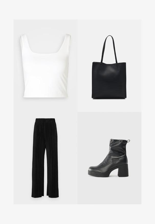 GAP COMPACT BRAMI - Top - new off white; Pantaloni neri a plissé con vita elasticizzata. Presentano gamba ampia e un tessuto liscio e texture con strisce verticali.; Stivali neri alla caviglia in pelle liscia, con zip laterale, tacco spesso e texture, e punta arrotondata.; Borsa tote in pelle nera con texture liscia, forma rettangolare e due manici lunghi. Nessun hardware o decorazione visibile.