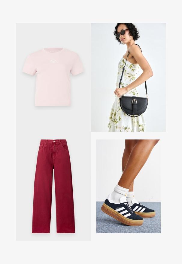 Tricou roz din bumbac cu mâneci scurte, guler rotund și un mic accent alb cu logo pe piept. Textură netedă și design lejer.; Pantaloni largi într-o nuanță burgundă profundă, realizați din denim rezistent, cu buzunare frontale și închidere cu nasture la talie.; Adidași negri din piele întoarsă cu dungi și accente albe, vârf rotund, talpă de cauciuc gumă, asortați cu șosete albe cu model nervurat.; Geantă din piele neagră, cu o formă curbată, curea detașabilă și accesorii aurii. Geanta are un capac cu un detaliu tip cataramă.