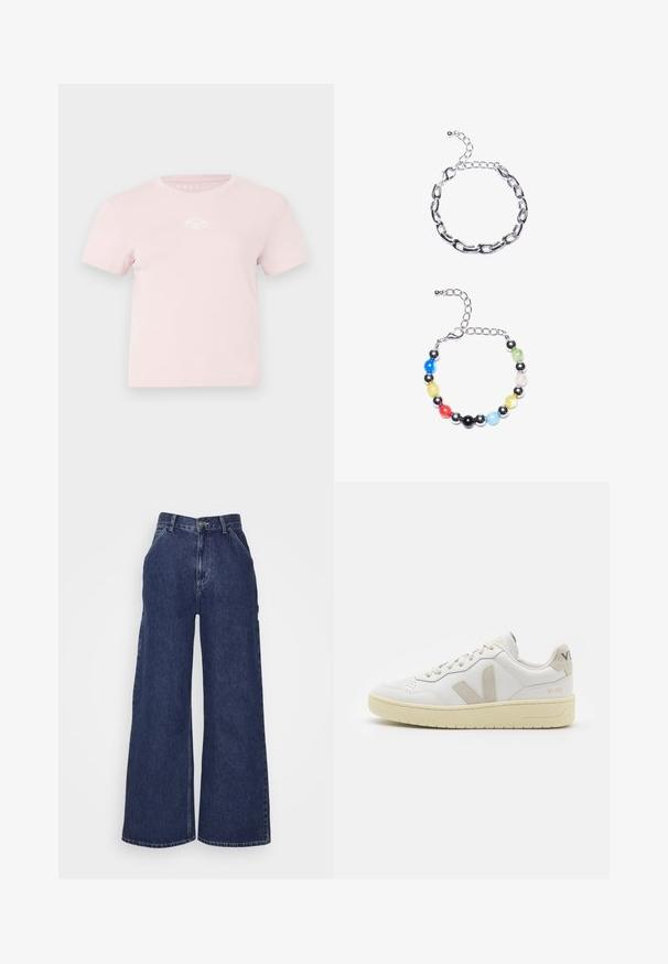 Rožinė medvilninė marškinė su trumpomis rankovėmis, apvali kaklo iškirptė ir mažas baltas logotipas ant krūtinės. Lygus paviršius ir laisvalaikio dizainas.; Plati šlaunų džinsai tamsiai mėlynos spalvos, su aukštu liemeniu, priekinėmis kišenėmis ir užtrauktuku su metaline mygtuko uždarymo sistema. Sklandus paviršius ir klasikinis dizainas.; Balti odiniai sportbačiai su kreminiais zomšos akcentais, perforuota pirštų dalimi, plokščiomis raišteliais ir struktūruota kreminėmis padomis. Ant kulno yra subtilus ženklinimas.; Sidabro grandinėlė su išilgiais žiedais viršuje. Apačioje – spalvinga karoliukų apyrankė su juodais, mėlynais, žaliais, geltonais, raudonais ir skaidriais karoliukais.