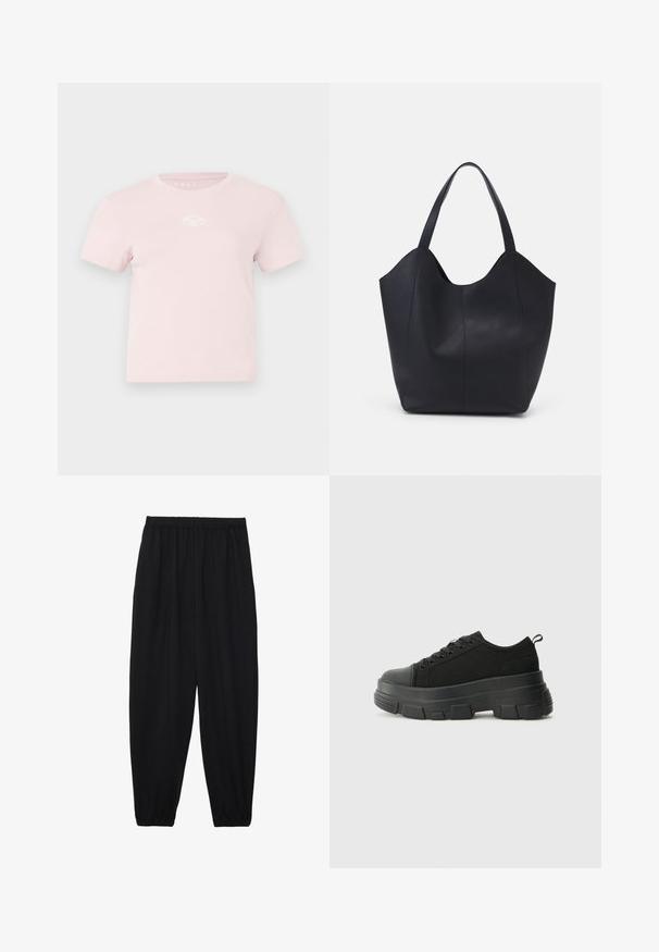 Růžové bavlněné tričko s krátkým rukávem, klasickým kulatým výstřihem a malým bílým logem na hrudi. Hladká textura a ležérní design.; Černé, lehké kalhoty s elastickým pasem a nařasenými kotníky. Tkanina je hladká a má uvolněný, zúžený design.; Černé tenisky s robustní gumovou podrážkou, vrchní část z texturované tkaniny, kulatá špička a šněrovací design. Obsahují zesílené okraje pro tkaničky a poutko na zadní straně.; Černá taška přes rameno vyrobená z hladké kůže, s zakřiveným, otevřeným vrchem a dvěma ramenními popruhy, s minimalistickým designem.